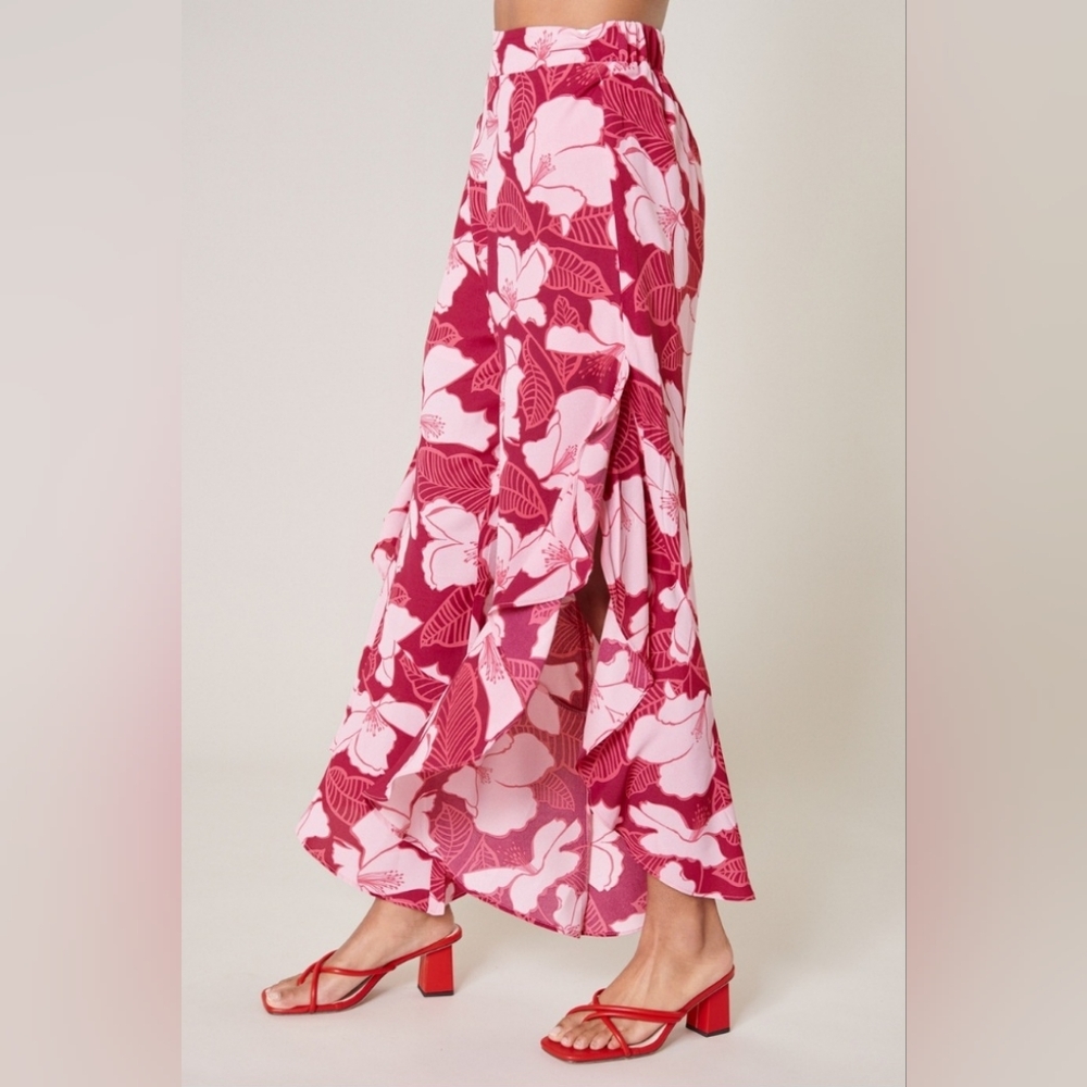 Sugarlips Floral Ginger Berry Ruffle Side Slit Pants (nwt) - Avail In Plus Size - Picture 5 of 6
